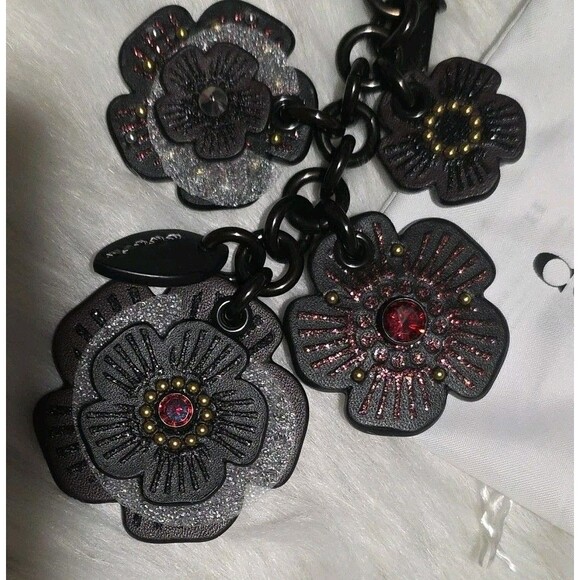 Coach 17451 Tea Rose Motifs Mix Bag Charm Key Ring Pewter Black Jeweled Fob Nwt - Picture 2 of 5